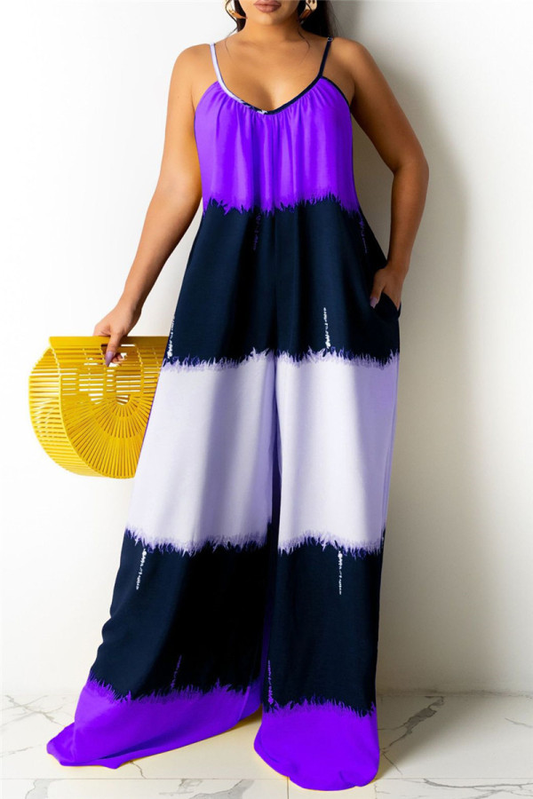 Purple Fashion Casual Print Backless Spaghetti Strap Regular Jumpsuits