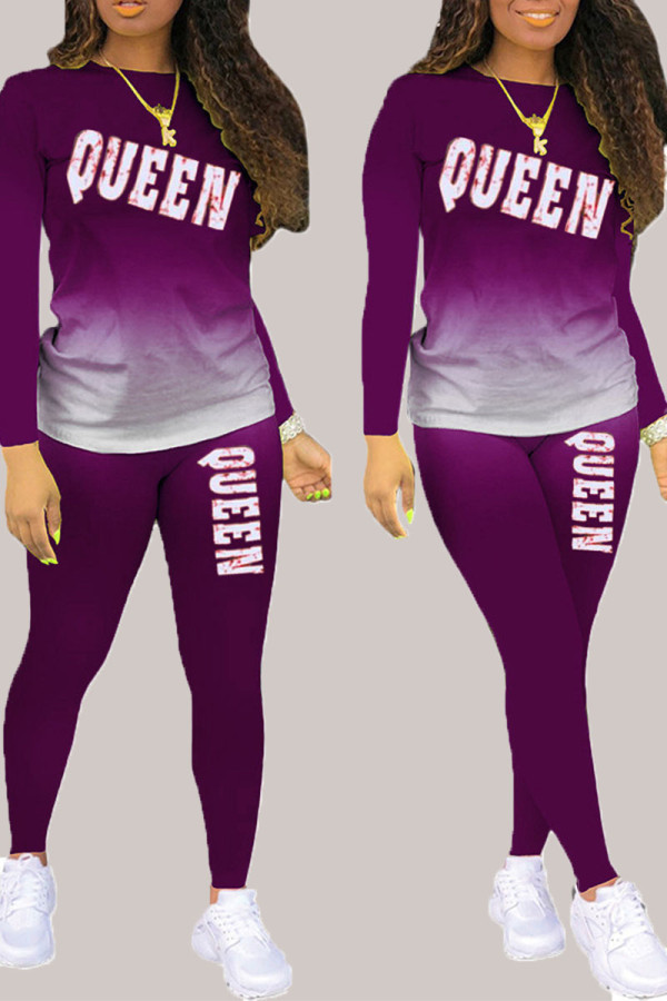 Purple Living Print Patchwork O Neck Long Sleeve Two Pieces