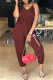 Purplish Red Fashion Casual Letter Patchwork V Neck Jumpsuits
