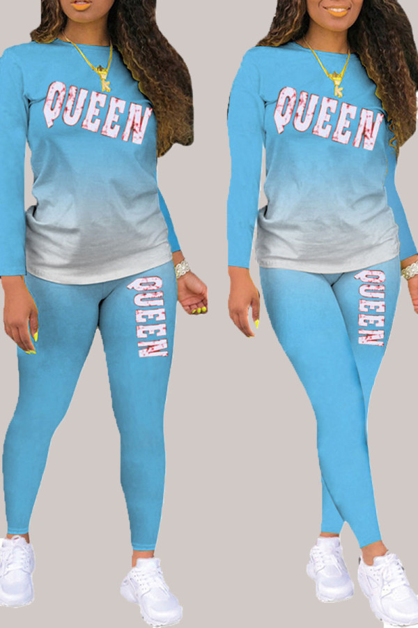 Sky Blue Living Print Patchwork O Neck Long Sleeve Two Pieces