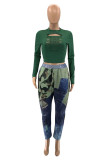 Tibetan Blue Daily Print Patchwork Mid Waist Pencil Bottoms