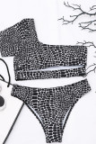 Black Sexy Print Hollowed Out Split Joint Asymmetrical Swimwears
