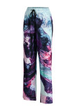 Purple Street Print Patchwork Loose High Waist Straight Full Print Bottoms