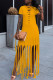 Yellow Fashion Sexy Solid Tassel O Neck Short Sleeve Dress