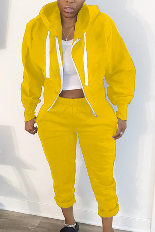 Yellow Casual Solid Cardigan Pants Hooded Collar Long Sleeve Two Pieces（No T-shirt）
