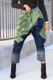 Tibetan Blue Daily Print Patchwork Mid Waist Pencil Bottoms