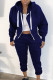 Deep Blue Casual Solid Cardigan Pants Hooded Collar Long Sleeve Two Pieces（No T-shirt）