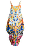 White Casual Print Split Joint Spaghetti Strap Sling Dress Plus Size Dresses