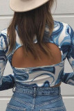 Blue Sexy Print Patchwork Backless Half A Turtleneck Tops