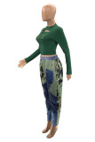 Tibetan Blue Daily Print Patchwork Mid Waist Pencil Bottoms