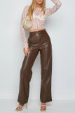 Brown Casual Solid Split Joint Straight High Waist Straight Solid Color Bottoms