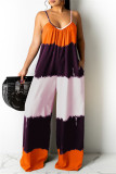 Yellow Fashion Casual Print Backless Spaghetti Strap Regular Jumpsuits