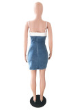 Blue Fashion Sexy Patchwork Bandage Backless Spaghetti Strap Denim Dress