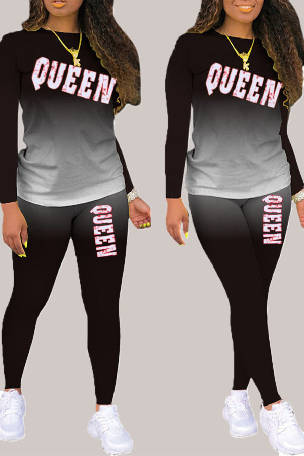 Black Living Print Patchwork O Neck Long Sleeve Two Pieces