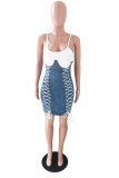 Blue Fashion Sexy Patchwork Bandage Backless Spaghetti Strap Denim Dress