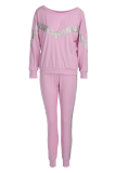 Pink Casual Solid Sequins O Neck Long Sleeve Two Pieces