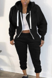Black Casual Solid Cardigan Pants Hooded Collar Long Sleeve Two Pieces（No T-shirt）