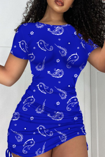 Blue Sexy Print Split Joint O Neck Pencil Skirt Dresses