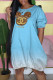 Light Blue Fashion Casual Print Patchwork O Neck Straight Dresses