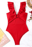 Red Sexy Solid Patchwork Flounce Swimwears