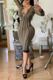 Multicolor Sexy Print Patchwork V Neck Wrapped Skirt Dresses