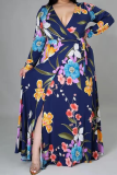Pink Casual Print High Opening V Neck Cake Skirt Plus Size Dresses