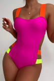 Rose Red Sexy Solid Hollowed Out Patchwork Swimwears