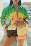 Green Casual Print Patchwork Shirt Collar Tops