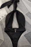 Black Sexy Solid Bandage Patchwork Swimwears