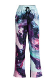 Purple Street Print Patchwork Loose High Waist Straight Full Print Bottoms