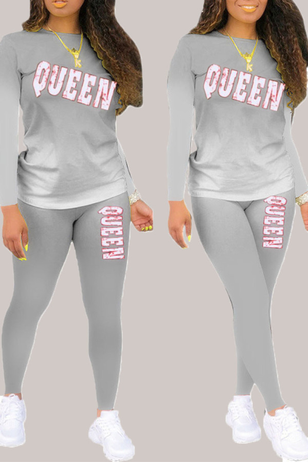 Grey Living Print Patchwork O Neck Long Sleeve Two Pieces