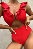 Red Sexy Solid Patchwork Flounce Swimwears