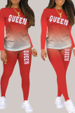 Red Living Print Patchwork O Neck Long Sleeve Two Pieces