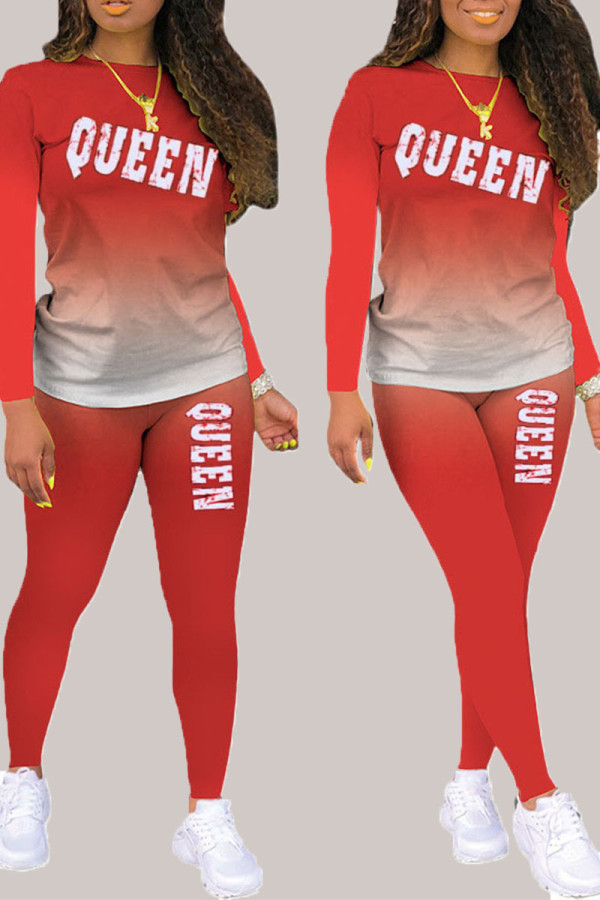 Red Living Print Patchwork O Neck Long Sleeve Two Pieces