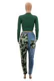 Tibetan Blue Daily Print Patchwork Mid Waist Pencil Bottoms