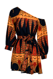 Orange Sexy Print Patchwork One Shoulder Cake Skirt Dresses