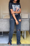 Black Fashion Casual Print Basic O Neck T-Shirts