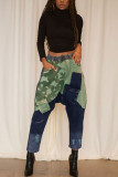 Tibetan Blue Daily Print Patchwork Mid Waist Pencil Bottoms