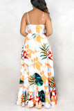 Rice White Fashion Sexy Off The Shoulder Sleeveless V Neck Sling Dress Print Dresses