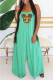 Green Fashion Casual Print Patchwork Spaghetti Strap Loose Jumpsuits