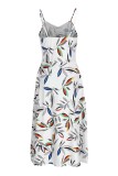 White Fashion Sexy Print Backless Slit Spaghetti Strap Sleeveless Dress