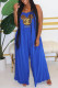 Blue Fashion Casual Print Patchwork Spaghetti Strap Loose Jumpsuits