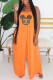 Orange Fashion Casual Print Patchwork Spaghetti Strap Loose Jumpsuits