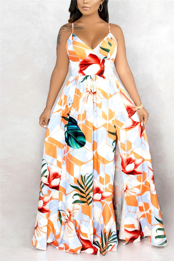 Rice White Fashion Sexy Off The Shoulder Sleeveless V Neck Sling Dress Print Dresses