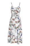 White Fashion Sexy Print Backless Slit Spaghetti Strap Sleeveless Dress