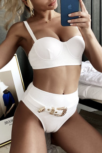 White Sexy Solid Split Joint Metal Accessories Decoration Swimwears