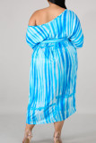 Sky Blue Casual Print Patchwork Off the Shoulder Straight Plus Size Dresses