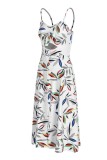 White Fashion Sexy Print Backless Slit Spaghetti Strap Sleeveless Dress
