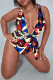Multicolor Fashion Sexy Print Bandage Backless V Neck Plus Size Swimwear