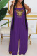 Dark Purple Fashion Casual Print Patchwork Spaghetti Strap Loose Jumpsuits